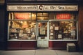 A store front that is filled with various signs, creating a visually striking and bustling sight, Old storefront with vintage