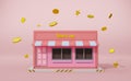 Store front with gold coin in pink pastel composition ,Startup franchise business concept ,3d illustration or 3d render