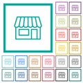 Store front outline flat color icons with quadrant frames