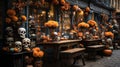 A store front with skulls and pumpkins