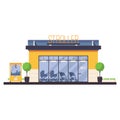 Store front for stroller shop. Baby transport shop in bright colors. Flat vector facade illustration
