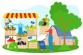 Store market, vector illustration, flat people character buy fresh food in farm shop, organic local product from farmer