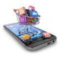 Store of mobile software. Smartphone apps icons in shopping cart Royalty Free Stock Photo