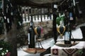 Store of old bottles of wine in cellar. Close up Royalty Free Stock Photo