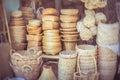 Store of Open Weave Straw Market Tote Beach Bag and packaging Royalty Free Stock Photo