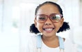 Store portrait, happy child and vision eyeglasses, lens frame or optical eyewear for youth ocular wellness, support or
