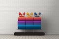 Store Product Display Showcase Rack Shelves with Woman Shoe Boxes and High Heels Wooman Shooes in front of Wall. 3d Rendering