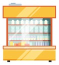 Store refrigerator with food on shelves. Dairy products showcase Royalty Free Stock Photo