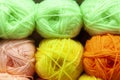 Store shelf with color yarn for knitting with needles, crochet hook.