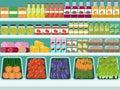 Store shelves with groceries, food and drinks. Vector flat illus