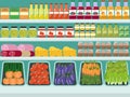 Store shelves with groceries, food and drinks. Vector flat illus