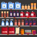 Store shelves with household chemical products. Household supplies aisle, cleaning agents in the supermarket used for