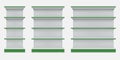 Store shelves racks with green edge realistic mockups set. Showcases front view empty templates