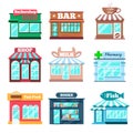 Store and shop buildings flat icons set