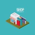 Store with striped sunshade red and white with credit cards and shopping bags over green floor colorful poster isometric