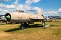 Stored classic fighter plane. Old timer warbird plane at museum. Aviation and aircraft. Aerospace industry.