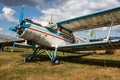 Stored classic small plane. Old timer general aircraft at museum. Aviation and travel. Aerospace industry