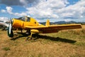 Stored classic small plane. Old timer general aircraft at museum. Aviation and travel. Aerospace industry. Royalty Free Stock Photo