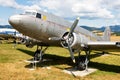 Stored classic transport plane. Old timer freighter plane at museum. Aviation and aircraft. Aerospace industry. Royalty Free Stock Photo