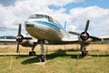 Stored classic transport plane. Old timer freighter plane at museum. Aviation and aircraft. Aerospace industry. Royalty Free Stock Photo