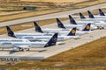 Stored Lufthansa airplanes aircraft Coronavirus Corona Virus COVID-19 at Berlin Brandenburg BER airport aerial photo