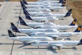 Stored Lufthansa airplanes Coronavirus Corona Virus COVID-19 Berlin Brandenburg BER airport aerial view