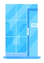 Storefront blue door with open sign. Modern shop entrance vector illustration. Business open door policy concept vector