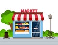 Storefront grocery store facade vector illustration. store building, flat cartoon shop facade front view Royalty Free Stock Photo