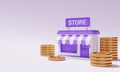 Storefront with money gold coin on purple background and copy space. Business financial and startup entrepreneurship concept. 3D