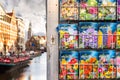 Storefront with seeds of plants in the Bloemenmarkt flower market on the background of the city channel of Amsterdam