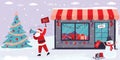 Storefront, traditional christmas tree and funny snowman with sale label. Male promoter dressed as Santa Claus holds discount