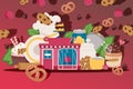 Storefronts pastry shop, vector illustration. Fresh pastries in bakery, decorated cupcake, cake, large pretzel and