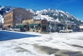 Storefronts and ski slope in the town of Aspen, Colorado Royalty Free Stock Photo