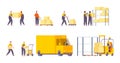 Storehouse workers. Worker with warehouse inventory or freight truck loading delivery boxes, loads distribution working