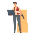 Storekeeper laptop box check icon cartoon vector. Deliver laborer