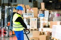 Storeman with mover at warehouse of forwarding