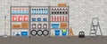 Storeroom. Shelving with household goods. Warehouse racks on a brick wall bacground