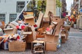 Stores have collected cardboard waste boxes for weekly pickup in the ancient city center of Alkmaar, The Nertherlands