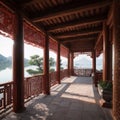 The storeyed pavilion on a stone terrace in lake in an imperial chinese garden. made with Generative AI Royalty Free Stock Photo