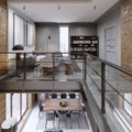 Storied loft two-level apartment with couch, dining table and library, open space, panorama