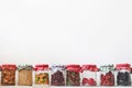 storing food vegetables, fruits and cereals in glass jars, white background, copy space Royalty Free Stock Photo