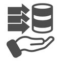 Storing open source info solid icon, osint analytics concept. Vector graphics. Disks data array with arrows and hand Royalty Free Stock Photo