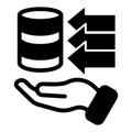 Storing open source info solid icon, osint analytics concept. Vector graphics. Disks data array with arrows and hand Royalty Free Stock Photo