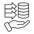 Storing open source info thin line icon, osint analytics concept. Vector graphics. Disks data array with arrows and hand Royalty Free Stock Photo