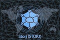 Storj Abstract Cryptocurrency. With a dark background and a world map. Graphic concept for your design