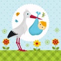 Stork with a baby boy in a bag Royalty Free Stock Photo