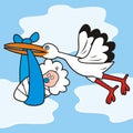 Stork and baby boy, humorous vector illustration Royalty Free Stock Photo