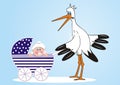 Stork and baby boy in a stroller, vector illustration Royalty Free Stock Photo