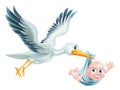 Stork and Baby Flying Cartoon Royalty Free Stock Photo