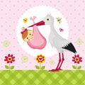 Stork with a baby girl in a bag Royalty Free Stock Photo